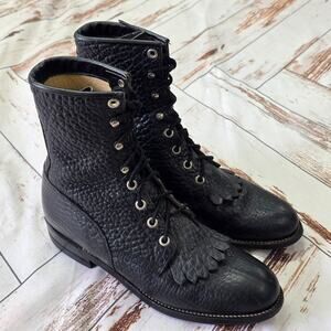 Justin Boots Womens 6.5B Black Lace Up Western Roper Bullhide Kiltie Equestrian